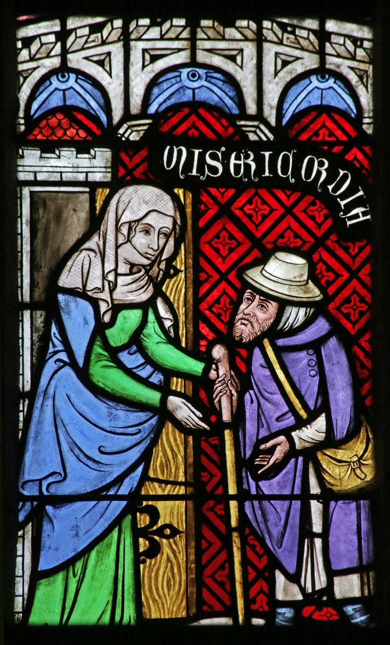 Vetrata raffigurante le Opere di Misericordia: Accoglienza dello Straniero da French School