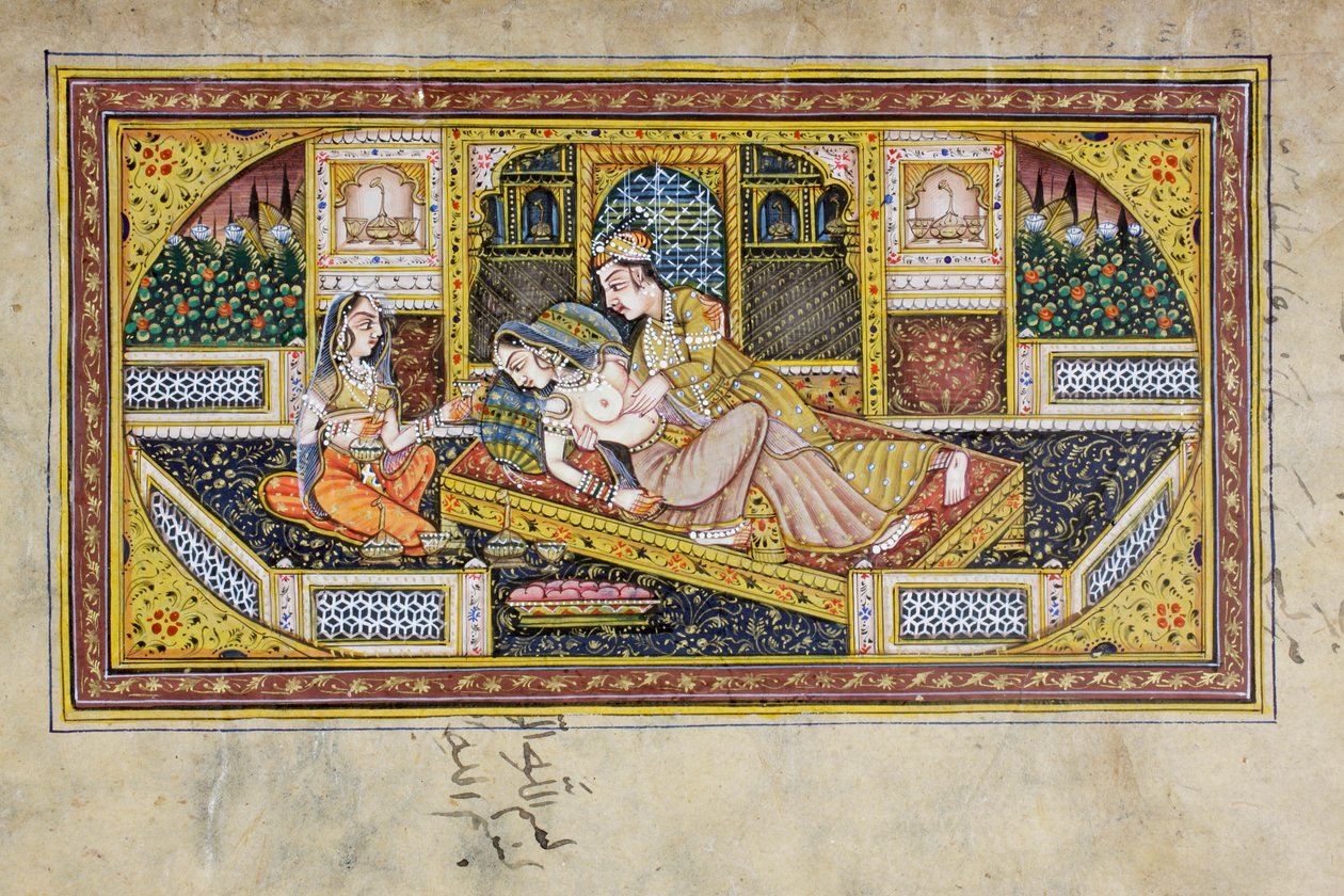 Un uomo corteggia una donna in una scena di boudoir, miniatura Rajasthani da Indian School