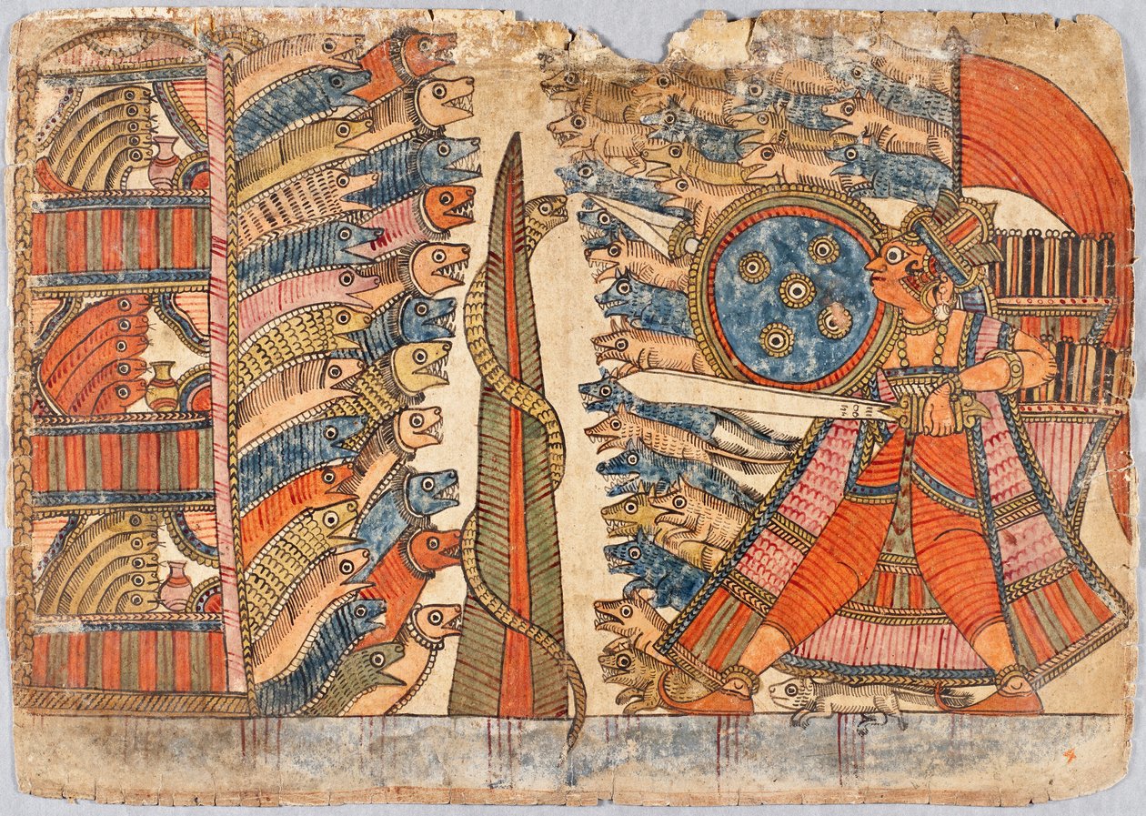 La Lotta tra il Mangusta e gli Eserciti del Serpente dalla Storia di Babhruvahana, c.1850 da Indian School