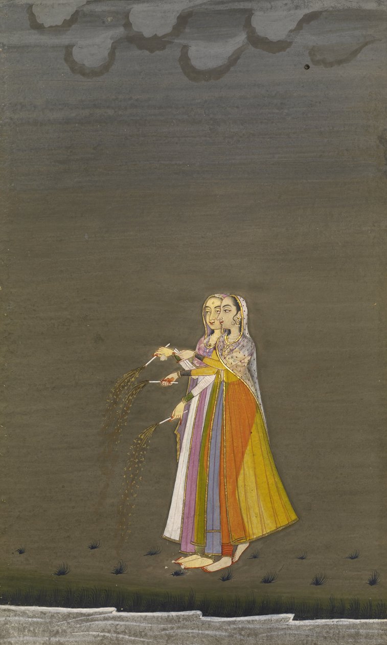 Due ragazze Nautch con scintille vicino a un ruscello nella notte del festival di Diwali, stile Bikaner, 1790-1800 da Indian School