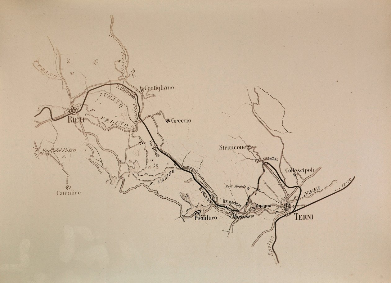 Società Italiana per le linee ferroviarie meridionali: mappa della linea ferroviaria Terni-Rieti, 1883 da Italian School