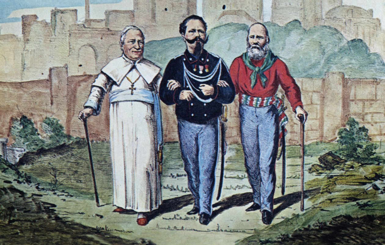 La Perfetta Trinità: Papa Pio IX, Vittorio Emanuele II e Garibaldi da Italian School