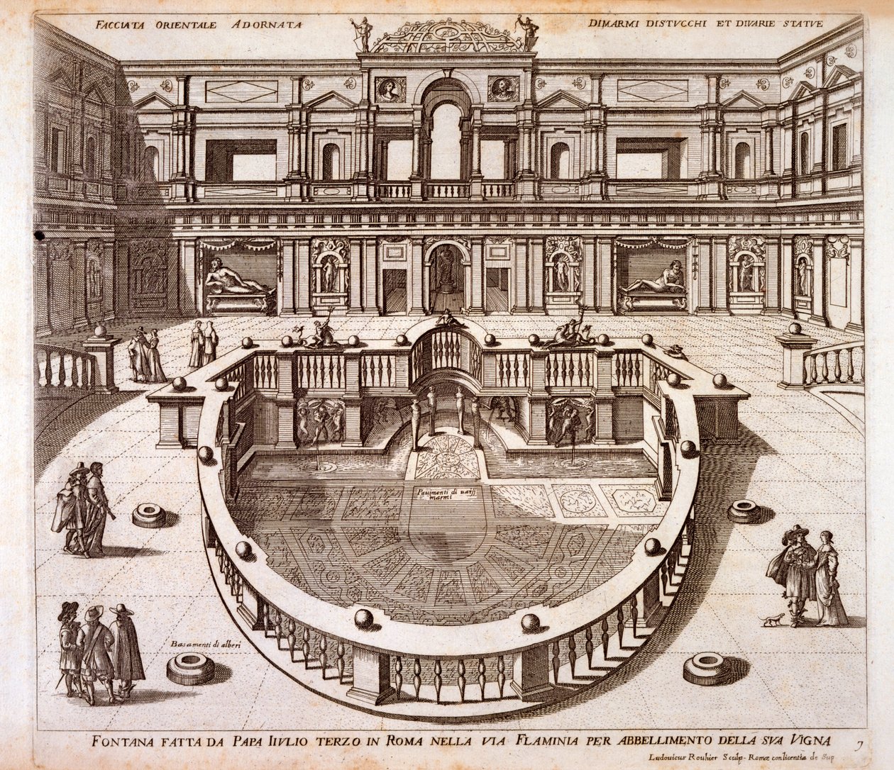 Il cortile della fontana con pavimentazione in marmo e balaustre costruito per Papa Giulio III nel suo palazzo vicino alla Via Flaminia, Roma da Italian School