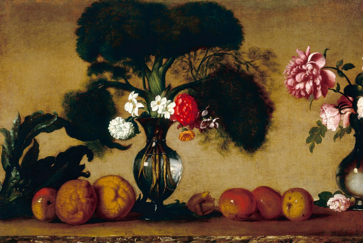 Due vasi, con fiori, frutta e un carciofo da Italian School