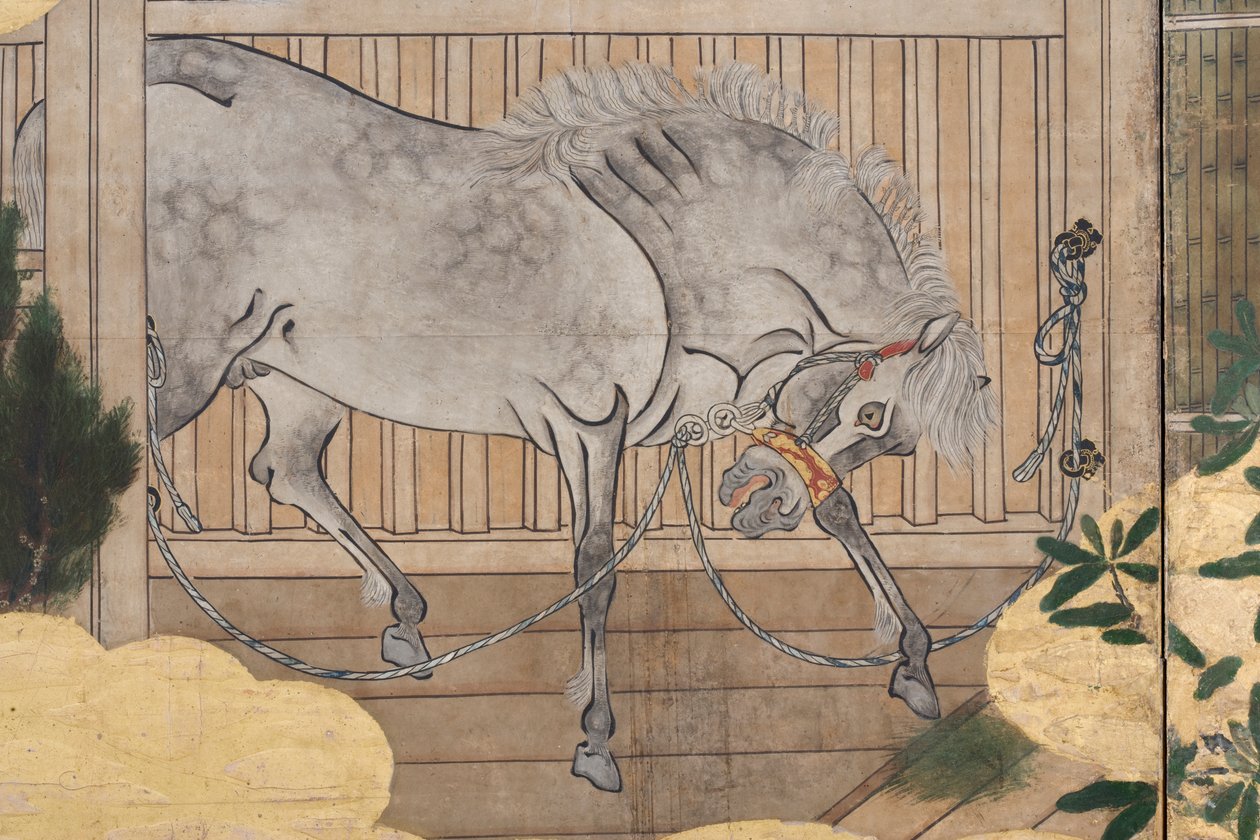 (dettaglio) Primavera nel Palazzo, schermo a sei pieghe da Il Racconto di Genji, c.1650 (inchiostro, colori e oro su carta) da Japanese School