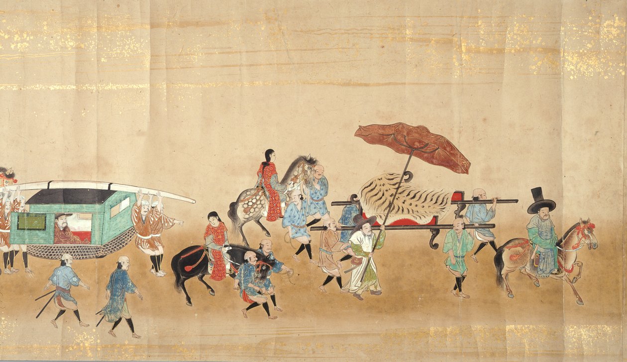 Sesta Ambasciata Coreana in Giappone nel Meireki 1 al tempo della successione di Tokugawa Ietsuna nel 1651, possibilmente di Kano Masunobu (1625-94) (dipinto su rotolo) (dettaglio) da Japanese School