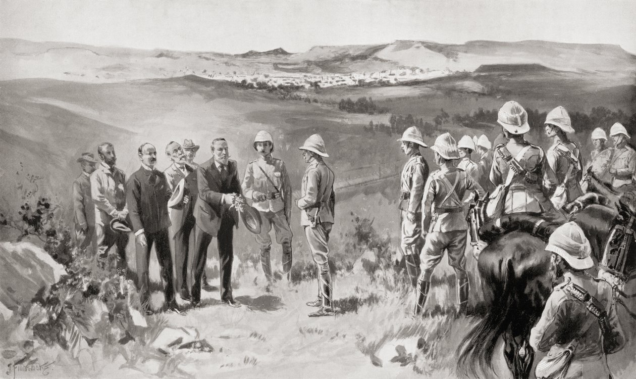 La resa formale di Bloemfontein a Lord Roberts da parte di Mr. Pappenfus, Mr. Kellner e Mr. Collins il 14 marzo 1900, dal libro Sud Africa e la Guerra del Transvaal di Louis Creswicke, pub. 1900 da Unknown