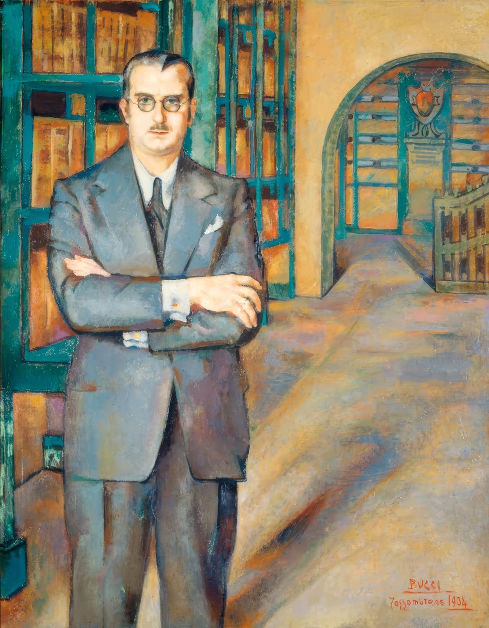 Ritratto del notaio in abito elegante con giacca, cravatta e occhiali, nella sua biblioteca con scaffali pieni di libri da Löscher and Petsch
