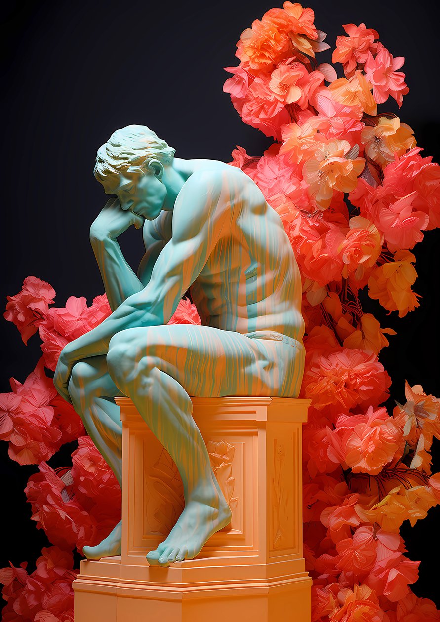 La statua del pensatore in decoupage floreale da F. Abderrahim