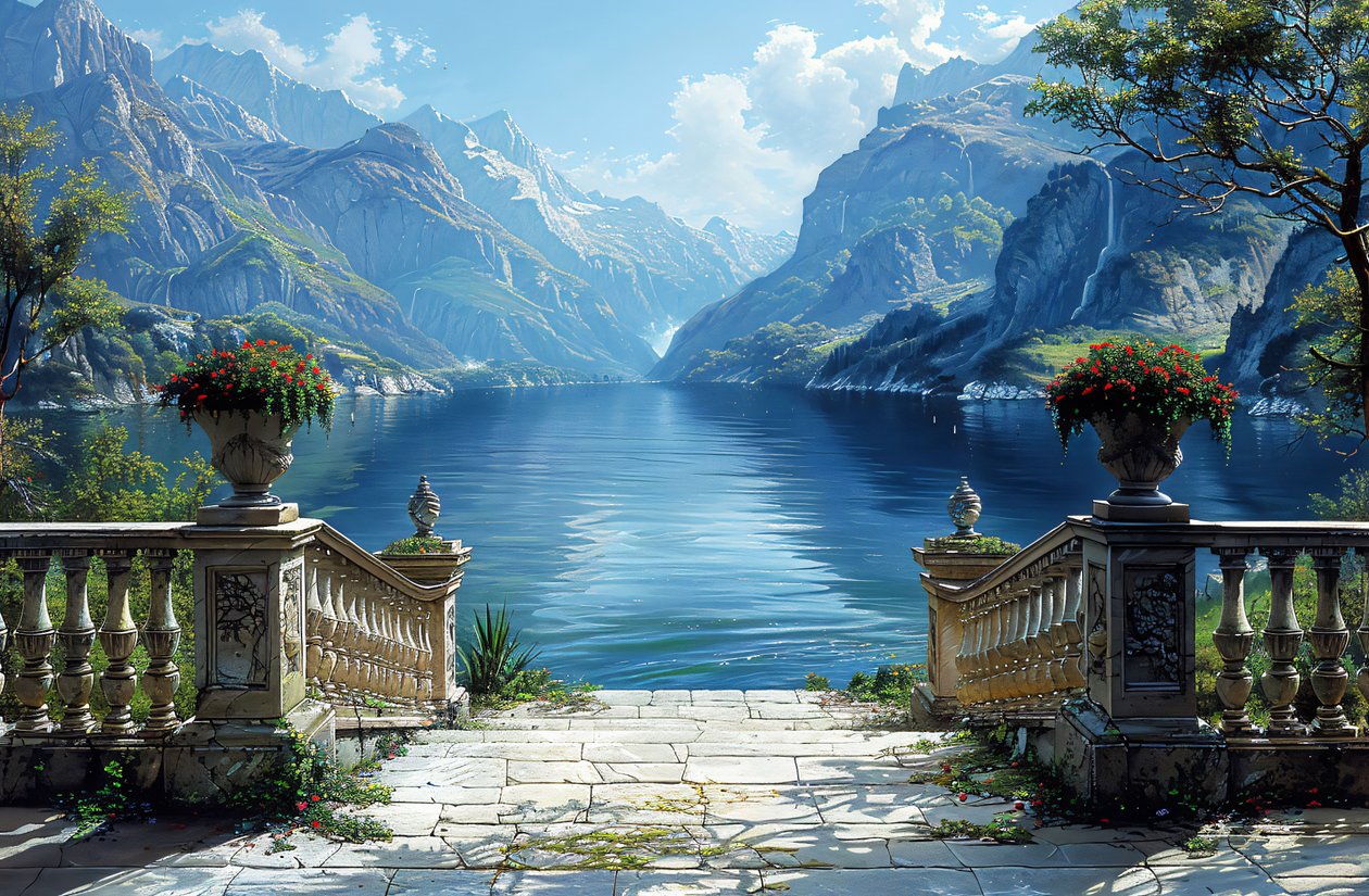 Stampe murali: vista di un lago e paesaggio naturale da un balcone da F. Abderrahim