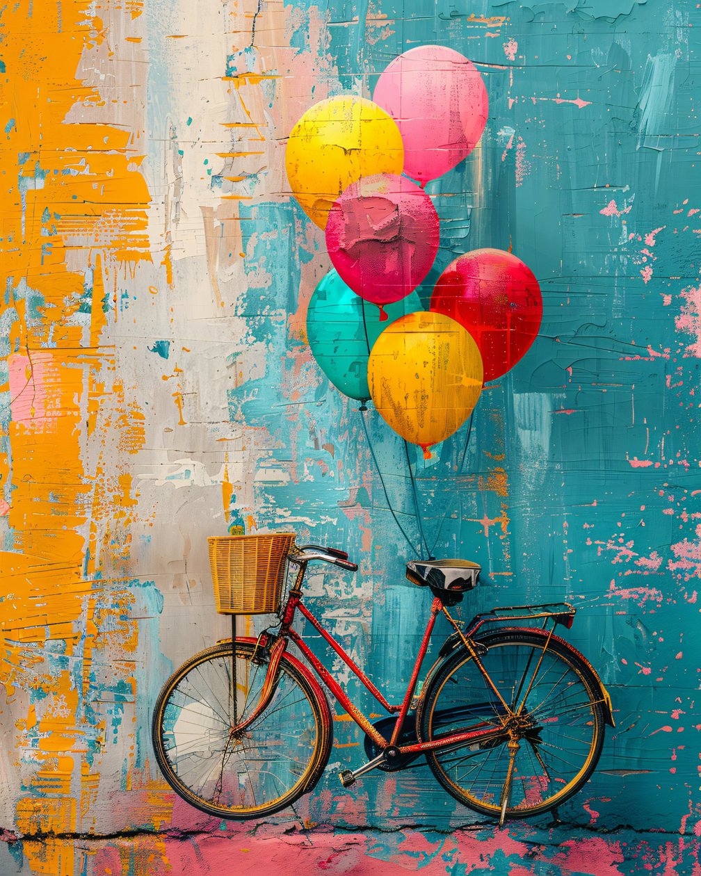 Dipinto primitivo astratto: bicicletta che sale con palloncini, decorazione murale per camera da letto da F. Abderrahim