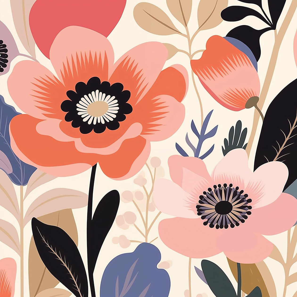 Illustrazione botanica di fiori pastello audaci stile Matisse da F. Abderrahim
