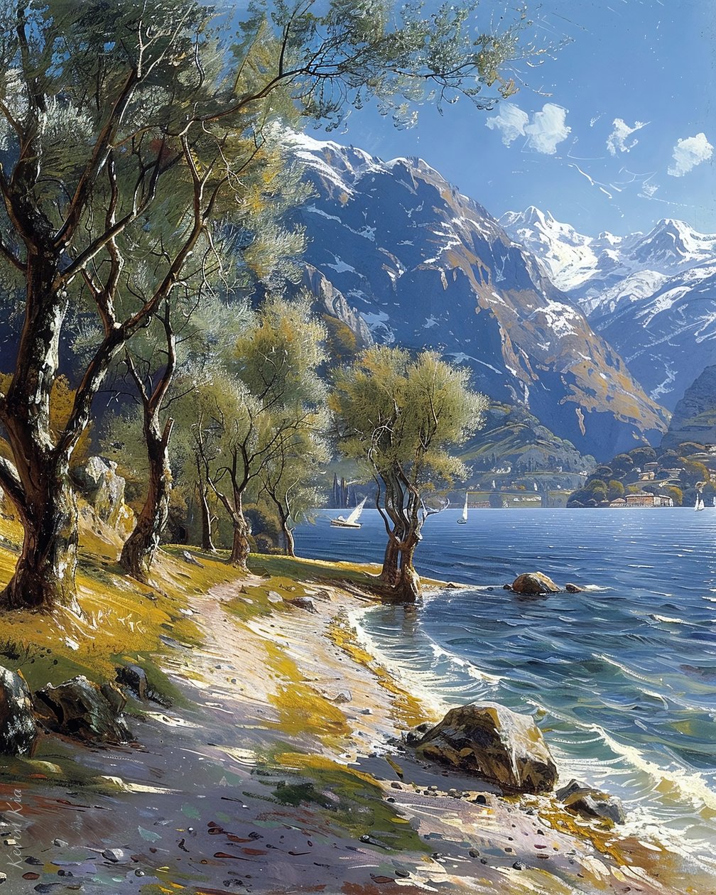 Paesaggio montano e forestale con un lago tranquillo, stampe d