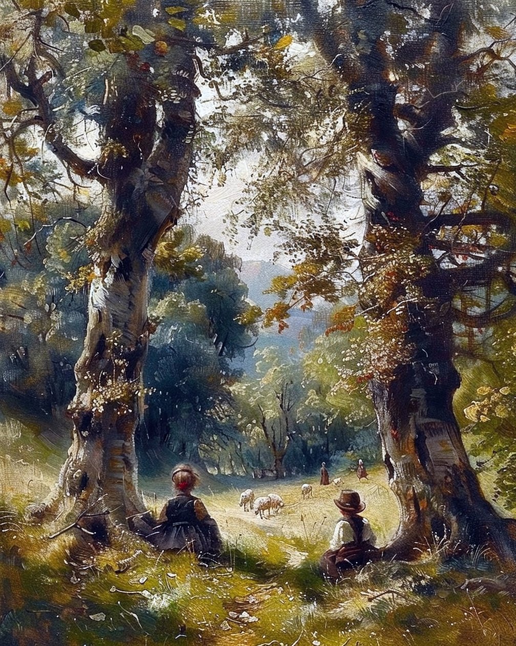 Bambini seduti sotto gli alberi nella foresta, decorazione murale moderna da F. Abderrahim