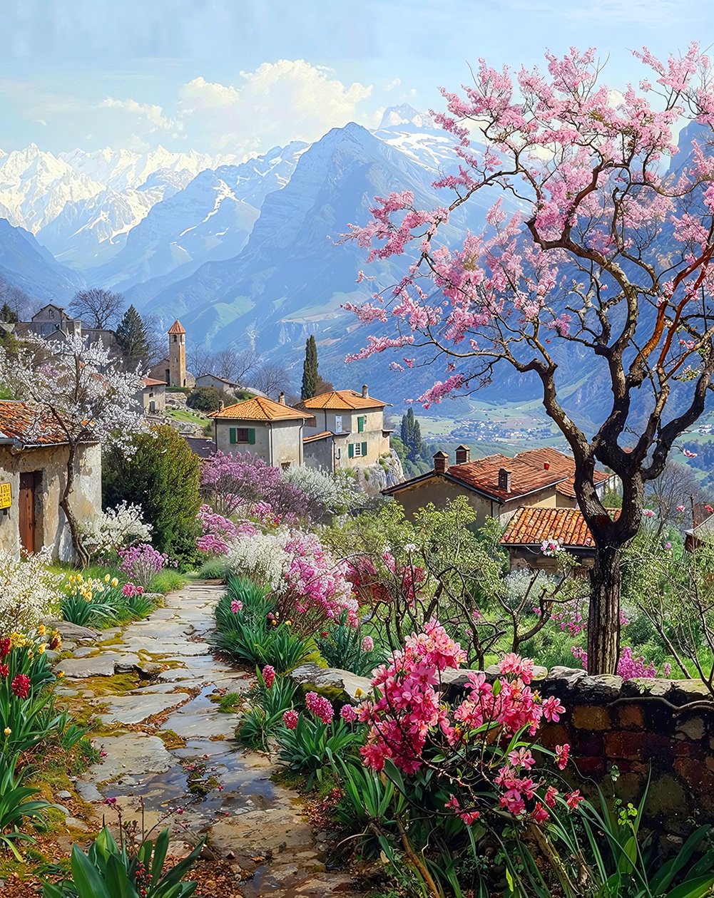 Un bellissimo villaggio circondato da piante fiorite in un paesaggio montano da F. Abderrahim