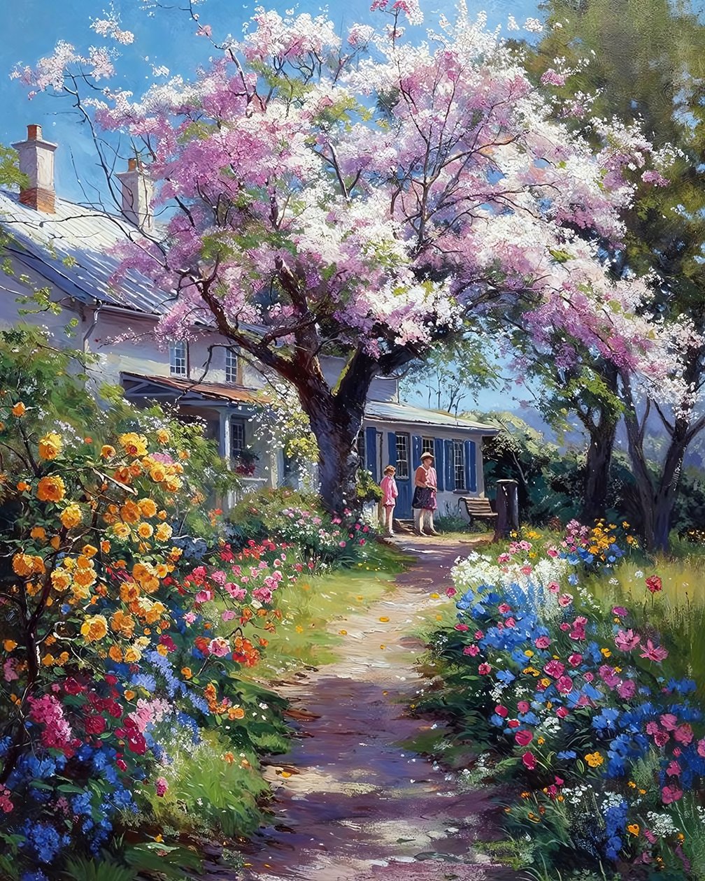 Giardino di una casa in campagna, decorazione murale con fiori di ciliegio da F. Abderrahim