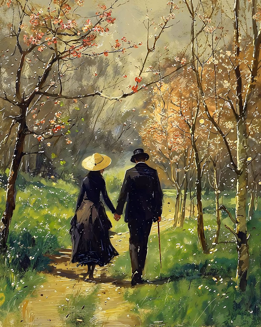 Un uomo e una bella donna innamorata camminano nel bel mezzo di una foresta da F. Abderrahim