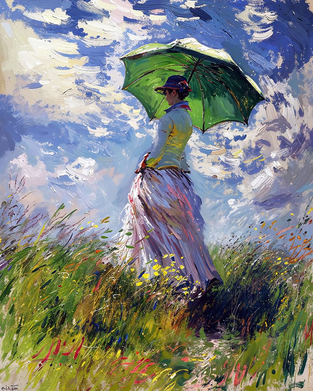Donna vestita con ombrello che cammina su una collina verde in primavera da F. Abderrahim