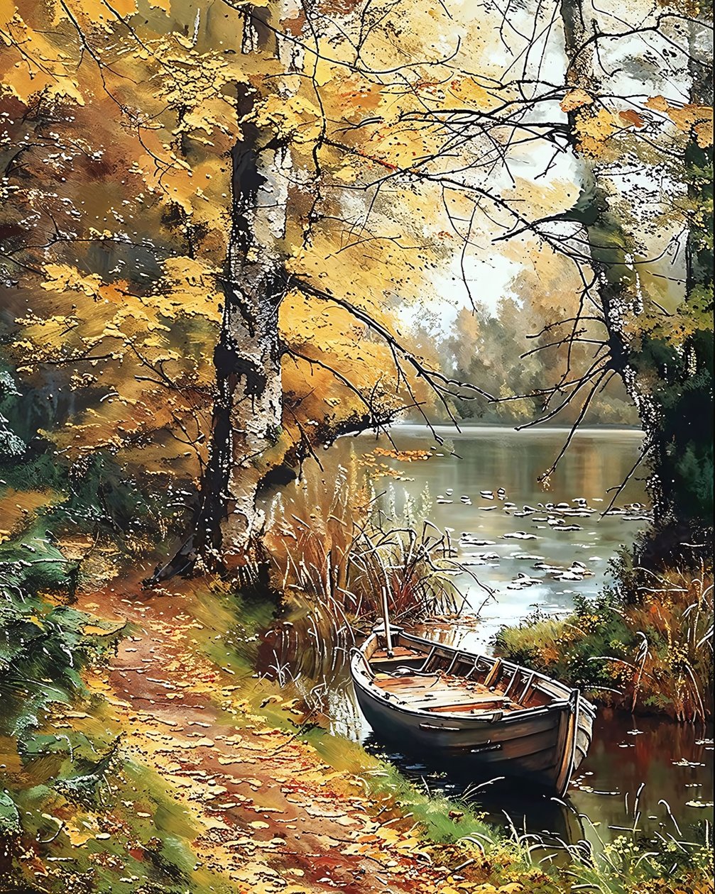 Una barca di legno nel mezzo di un lago incantato, vendita Wall Decor da F. Abderrahim