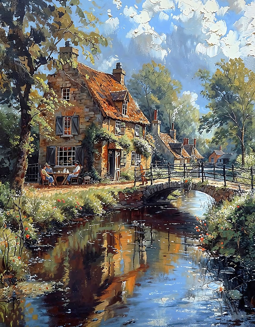 Un vecchio ponte su un ruscello accanto a una capanna in un paesaggio di campagna europeo da F. Abderrahim