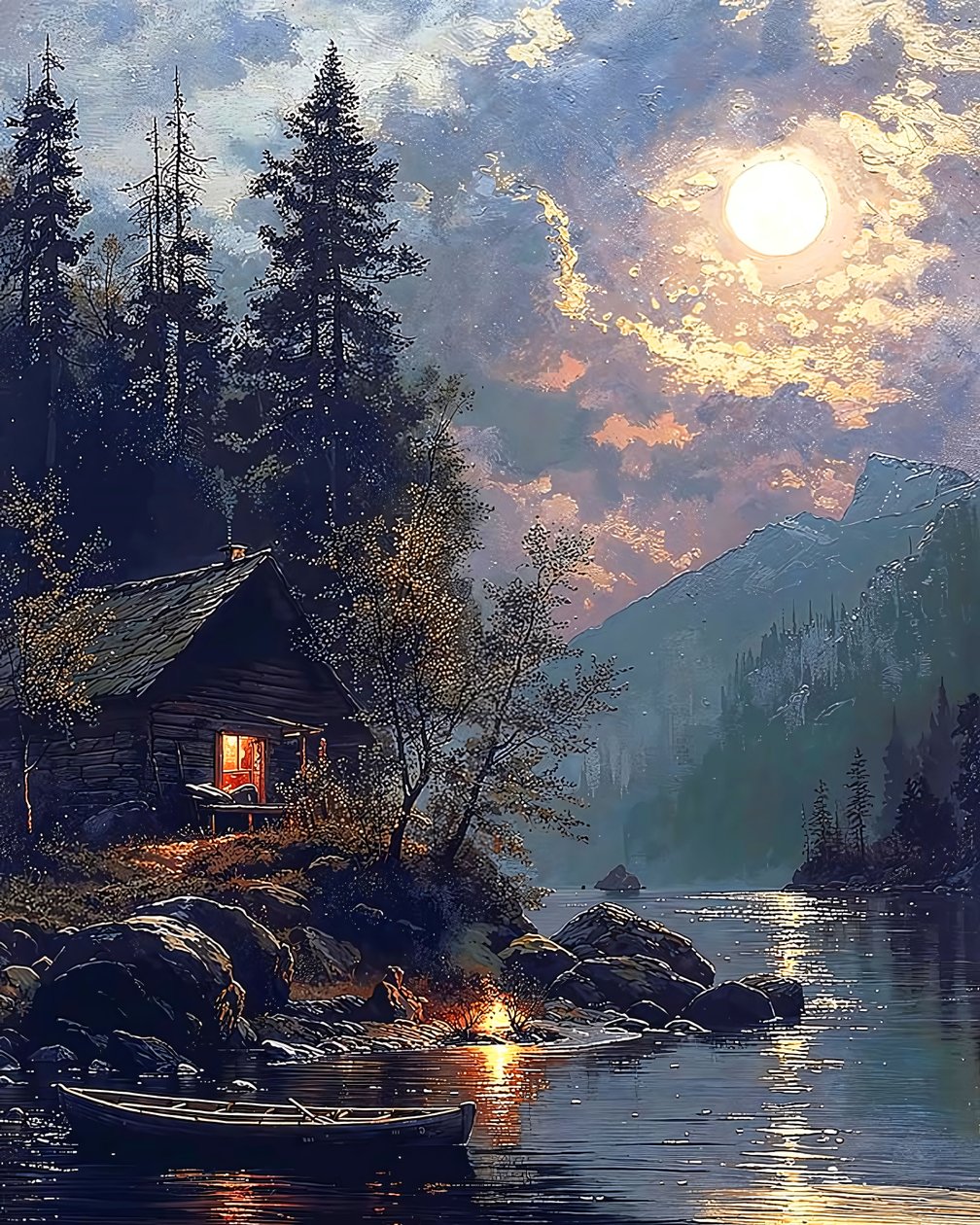 Casa sul lago dipinta al chiaro di luna, idee di decorazione murale per la stampa da F. Abderrahim