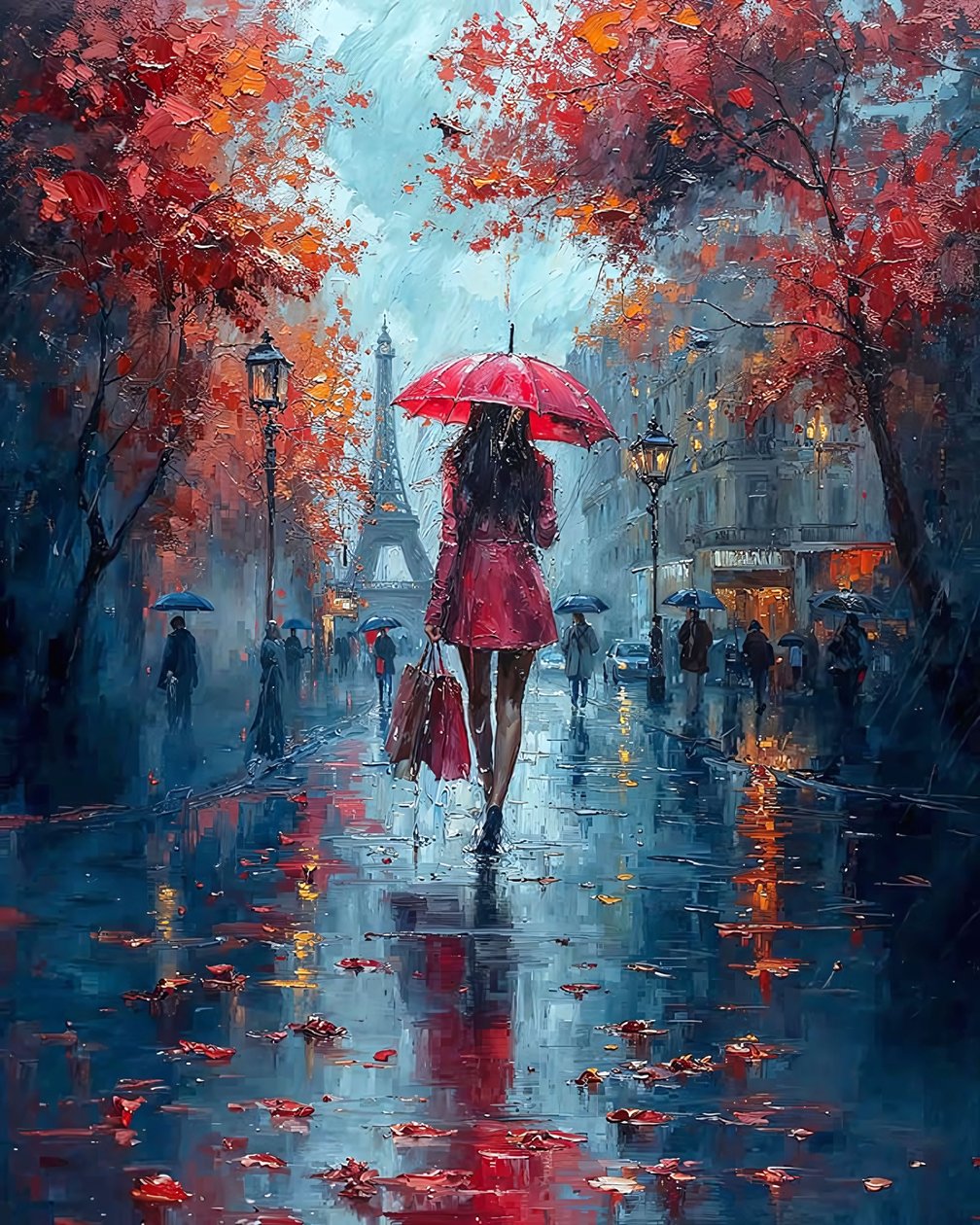 Elegante signora con ombrello che cammina in una strada di Parigi, decorazione murale moderna da F. Abderrahim
