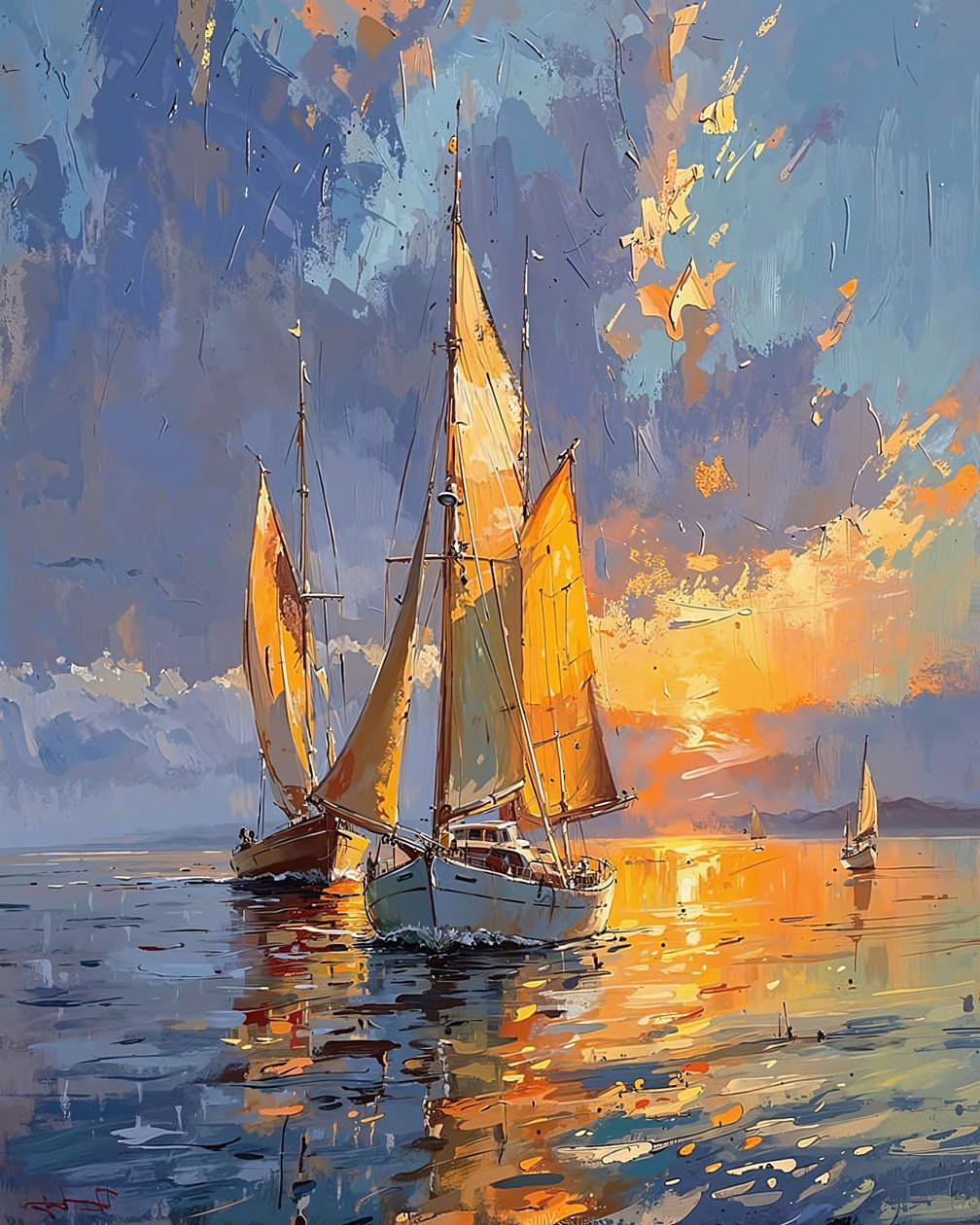 Barche a vela in mare al tramonto, decorazione murale per camera da letto da F. Abderrahim