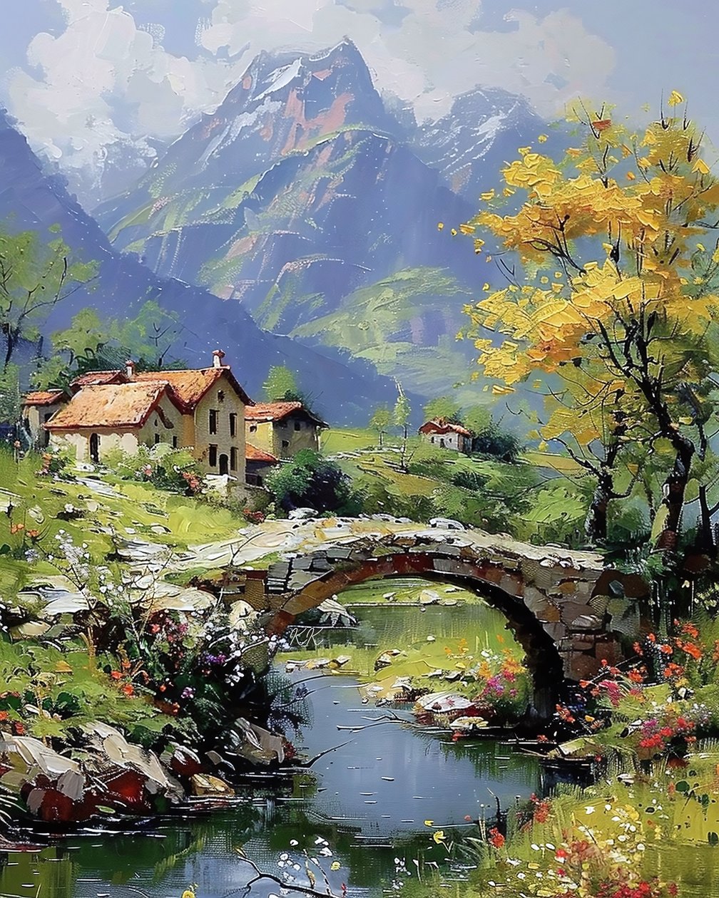 Un villaggio ai piedi della montagna; e un arco cubico con un torrente sottostante da F. Abderrahim