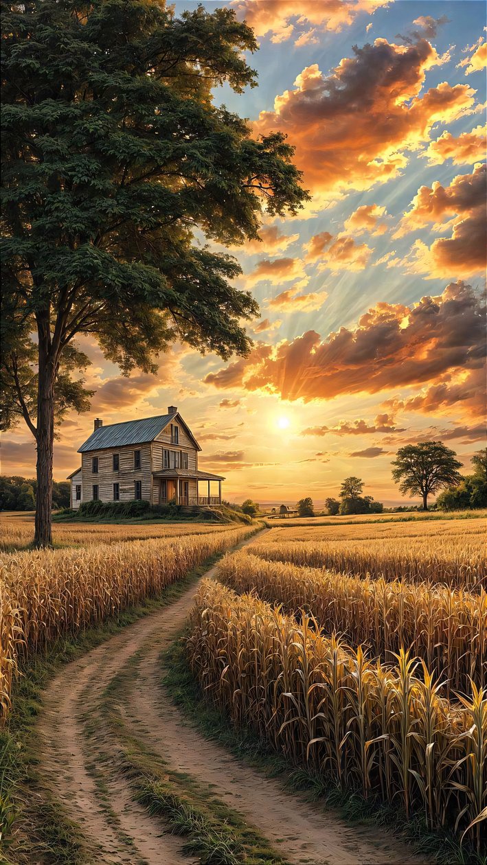 Una casa di campagna su una strada sterrata, circondata da un campo di grano, decorazione a muro da F. Abderrahim