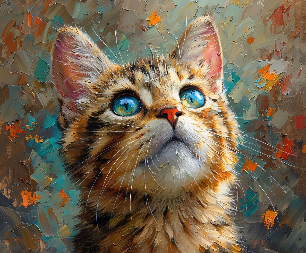 Un simpatico gatto con gli occhi azzurri che guarda in alto, faccia di animale ravvicinata, decorazione murale da F. Abderrahim