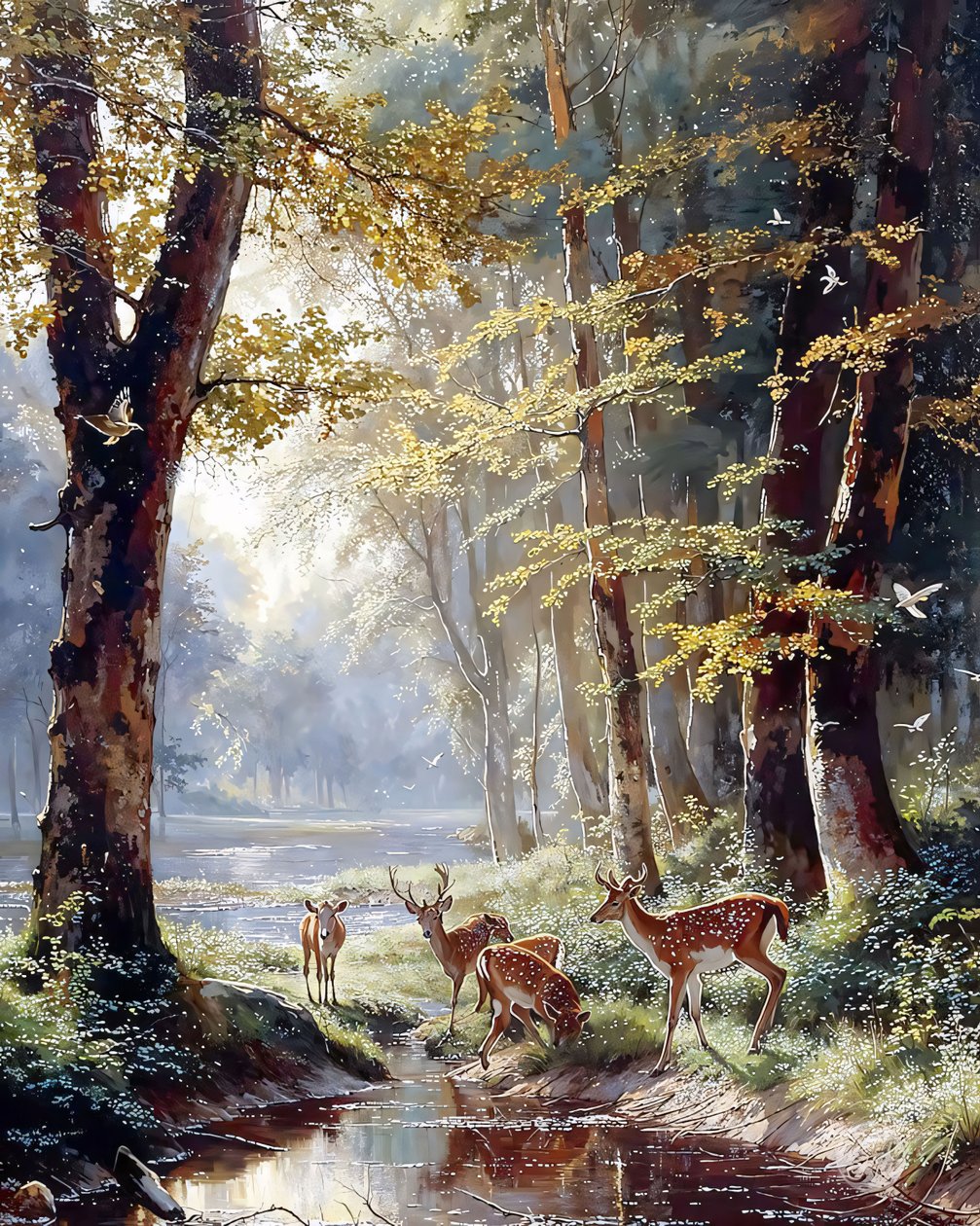 Un cervo tra gli alberi che beve l