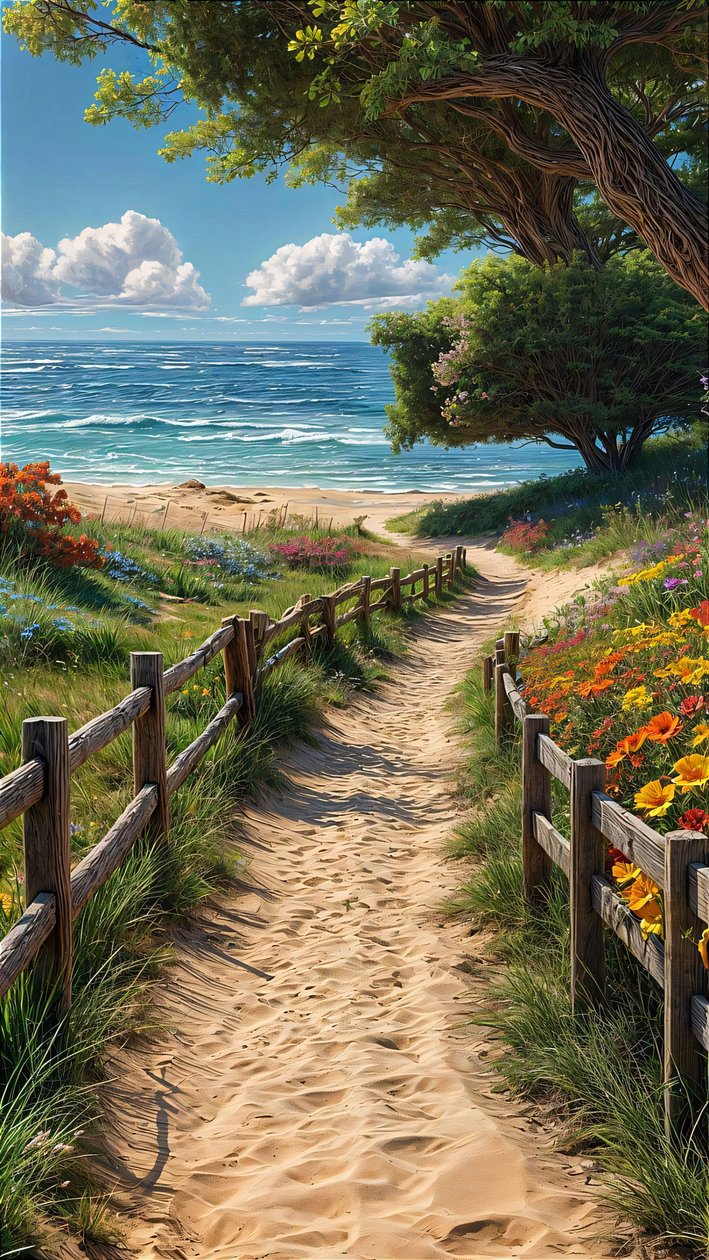 Un sentiero sabbioso conduce a una bellissima spiaggia con una staccionata di legno e fiori colorati. da F. Abderrahim
