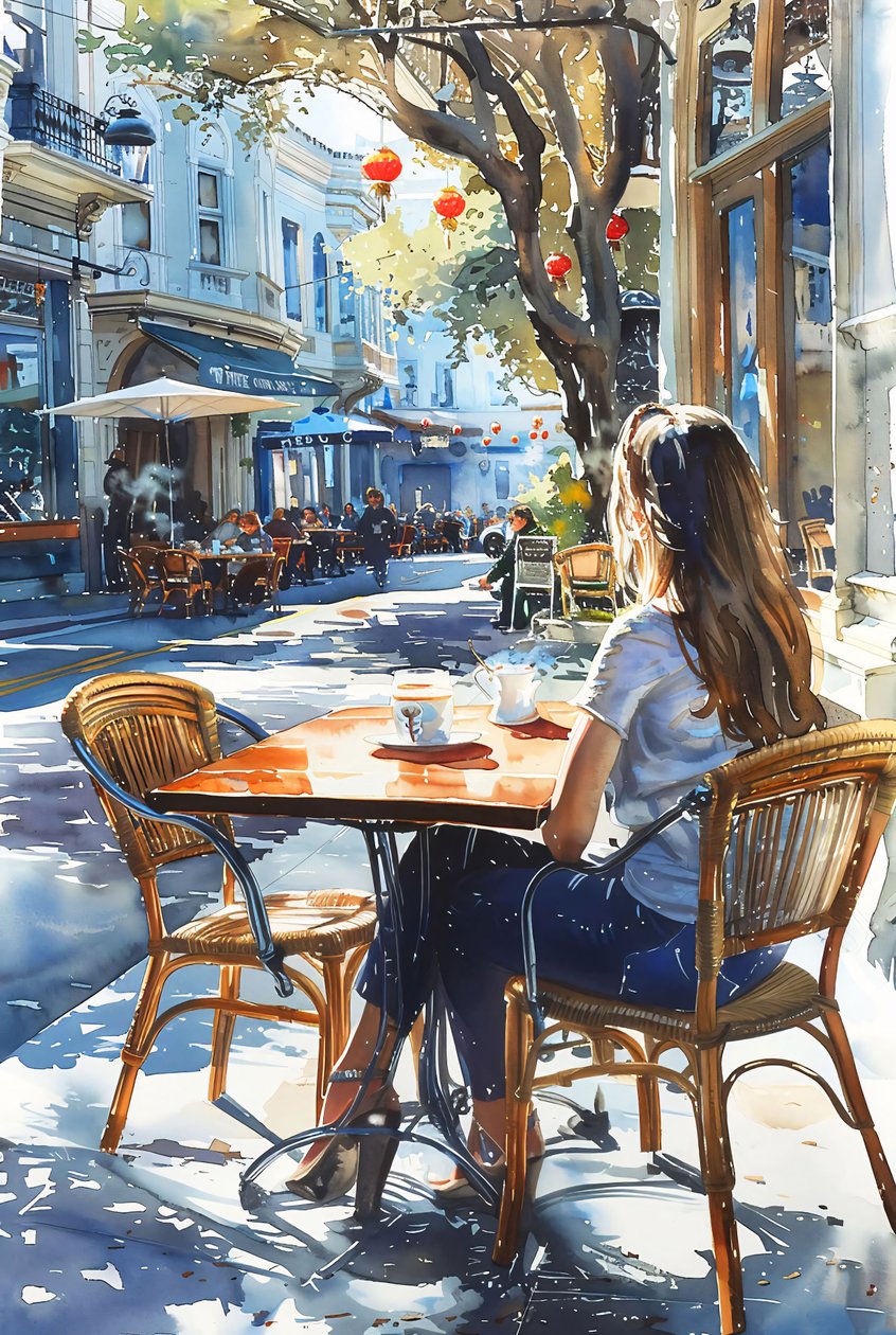 Una donna seduta su una sedia in un caffè in una strada di Parigi, decorazione murale incorniciata da F. Abderrahim