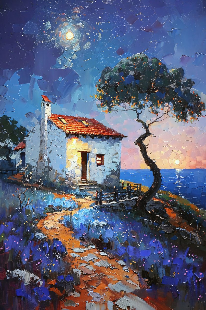 Cottage con vista sul mare al chiaro di luna, paesaggi del Portogallo da F. Abderrahim