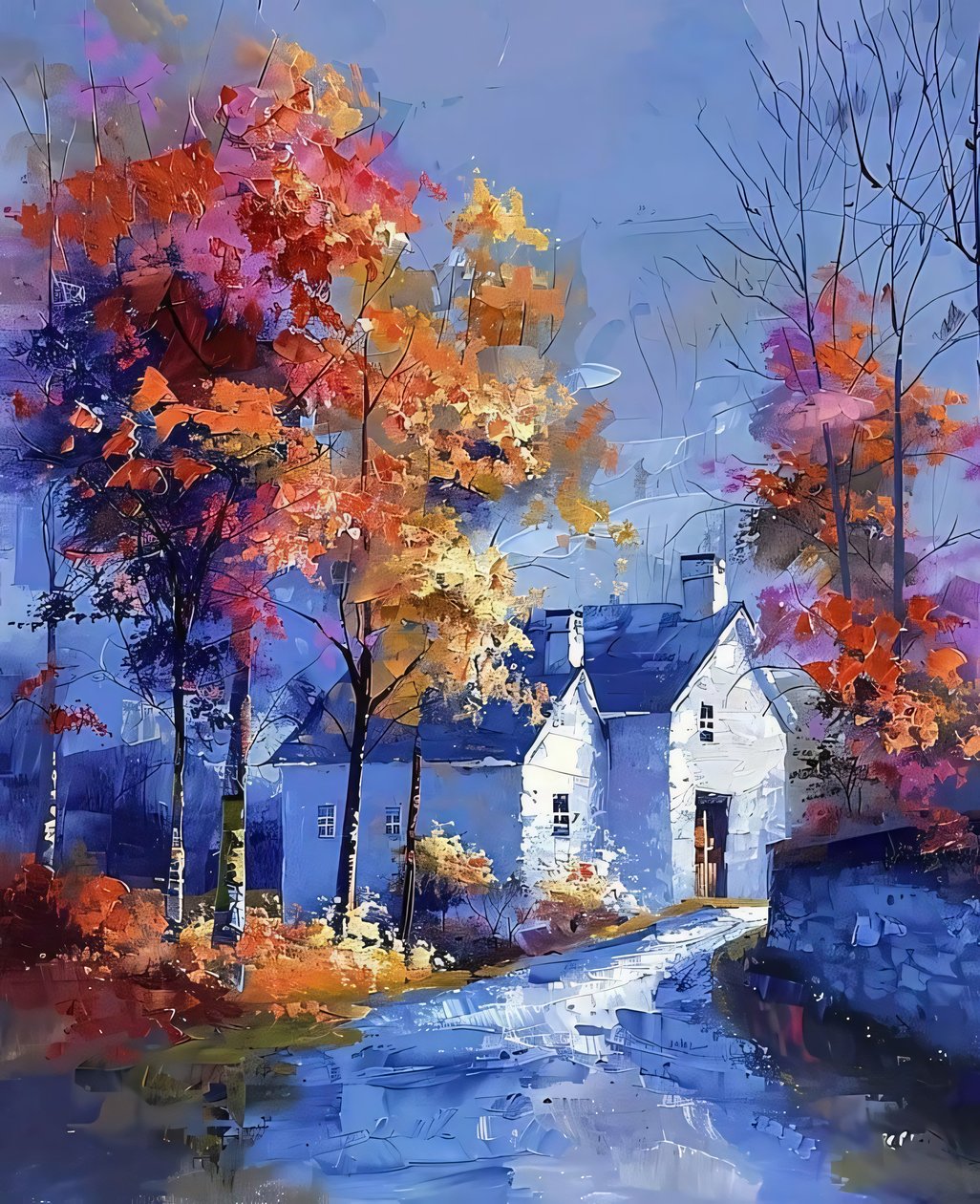 Paesaggio che dipinge case coloniche e cottage nei toni freddi del blu da F. Abderrahim
