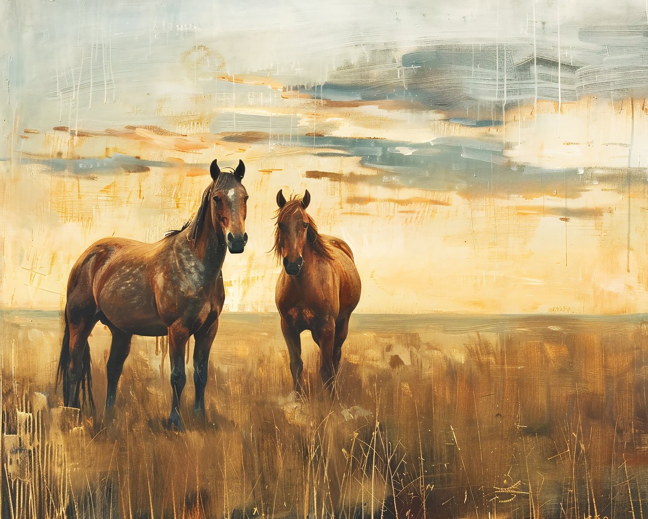 Quadro ad olio Cavalli maestosi in un campo al tramonto, Tela e decorazioni murali da F. Abderrahim