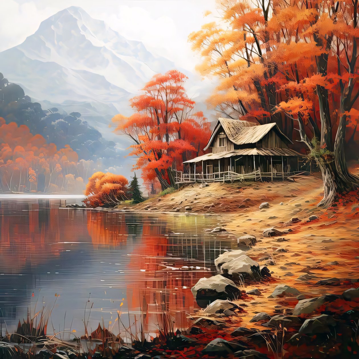 Quadro di una capanna nel bosco vicino a un fiume, decorazione murale per la camera da letto da F. Abderrahim