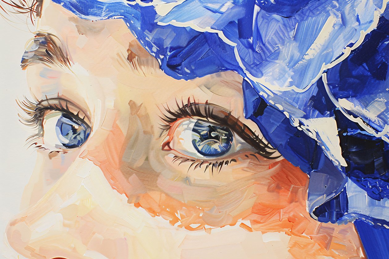 Pittura ad olio realistica indaco cinematografico, occhio blu femminile in primo piano da F. Abderrahim