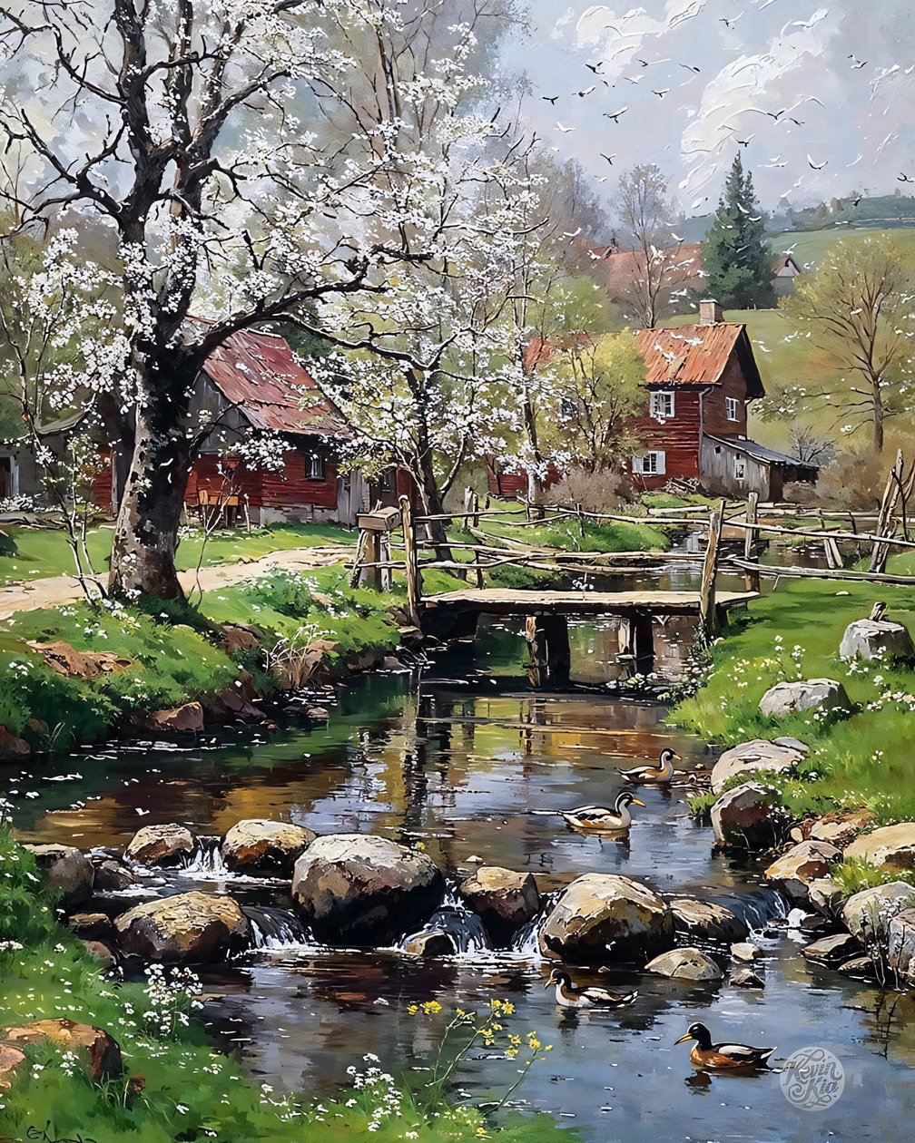 Il cottage del mulino in primavera, olio su tela, decorazione murale con cornice da F. Abderrahim