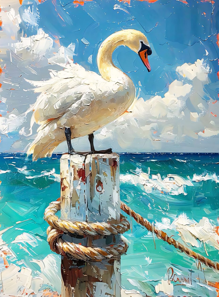 Uccello migratore bianco, oche in riva al mare, colori blu, idee di decorazione murale da F. Abderrahim