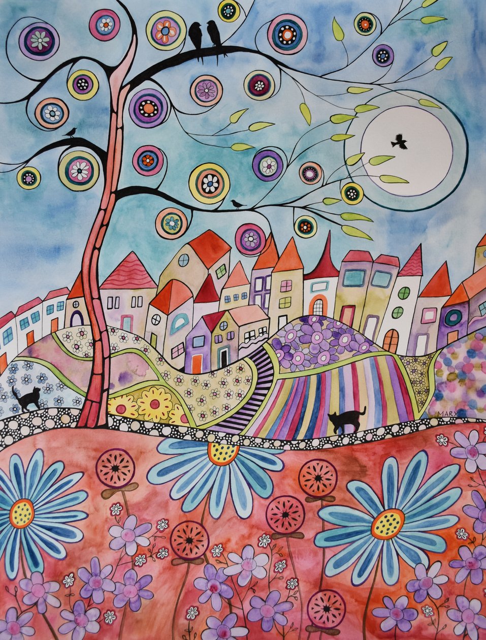 Villaggio dietro il prato rosso da Marys Watercolors