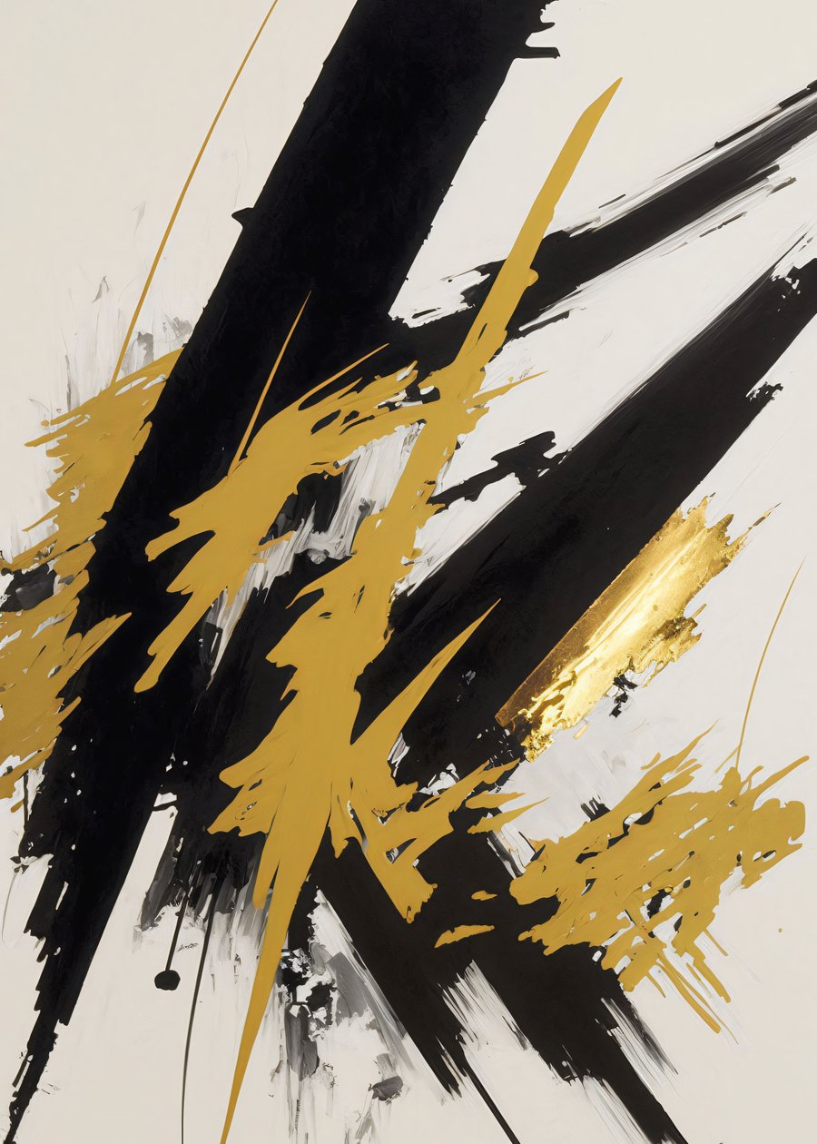 Pittura astratta in oro e nero, pennellate contemporanee, stampe su tela personalizzate online da F. Abderrahim