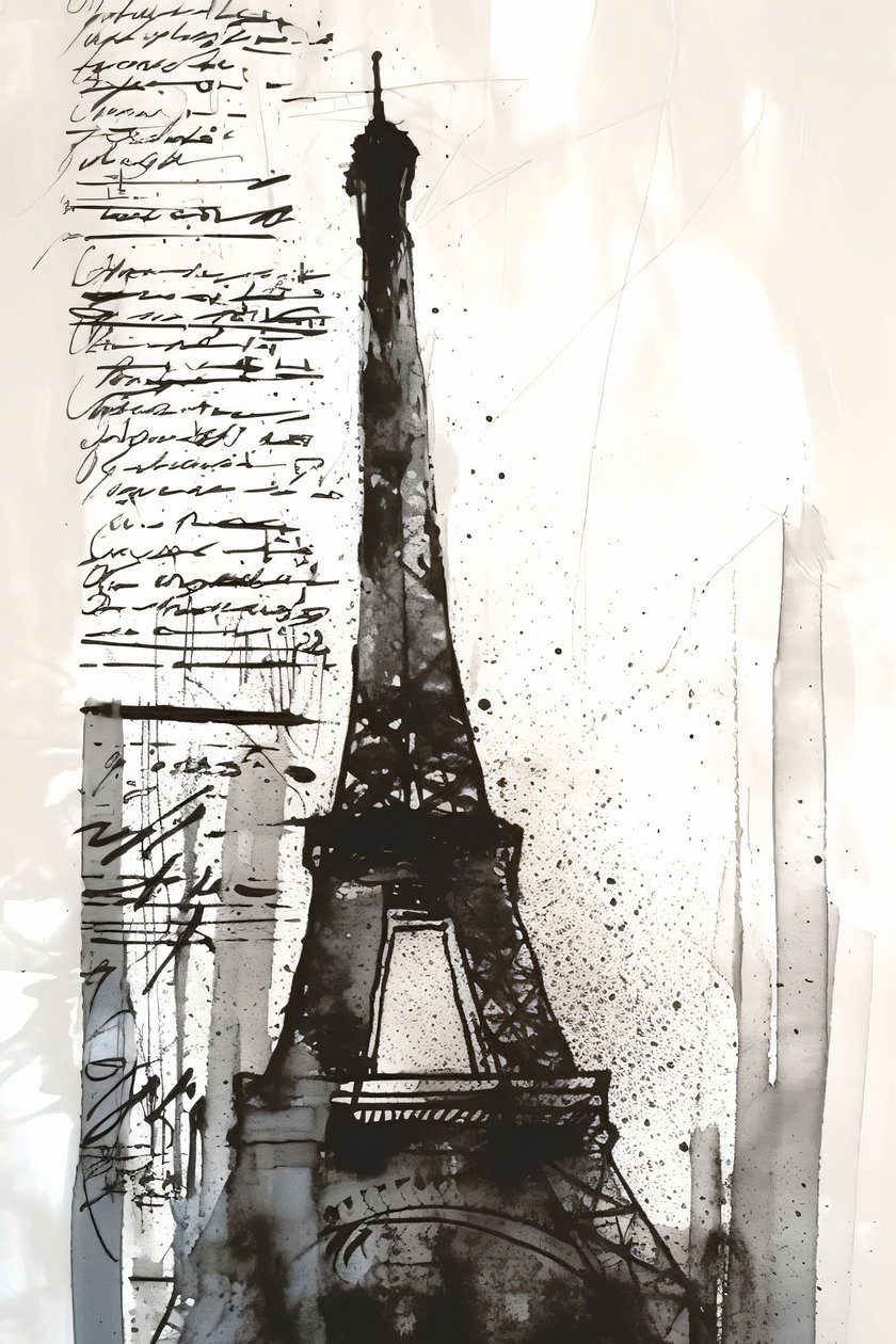 Quadro impressionista con schizzi di vernice nera sulla torre Eiffel, stampa su tela con cornice su richiesta da F. Abderrahim