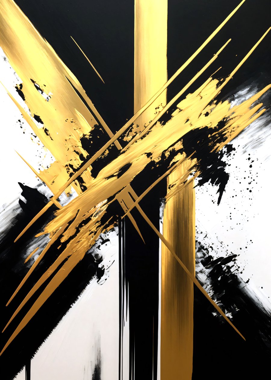 Pittura oro e nero, arte contemporanea, tela di grandi dimensioni, stampa personalizzata da F. Abderrahim