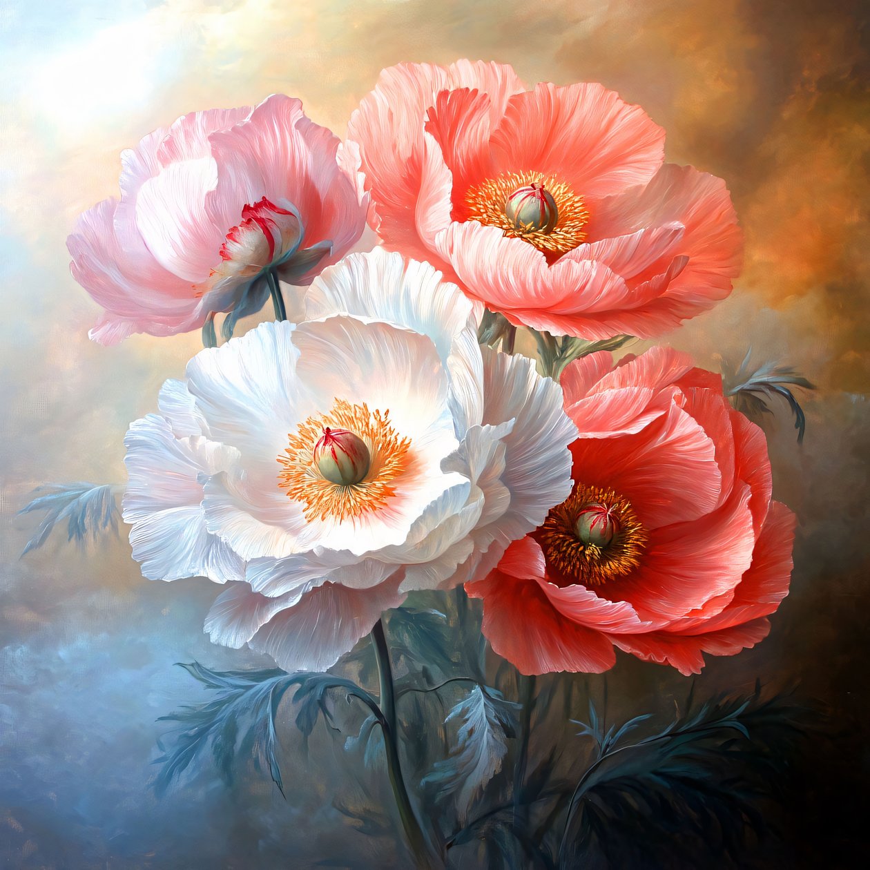 Pittura a olio, peonie e papaveri delicati di grandi dimensioni, decorazioni murali e stampe su tela da F. Abderrahim