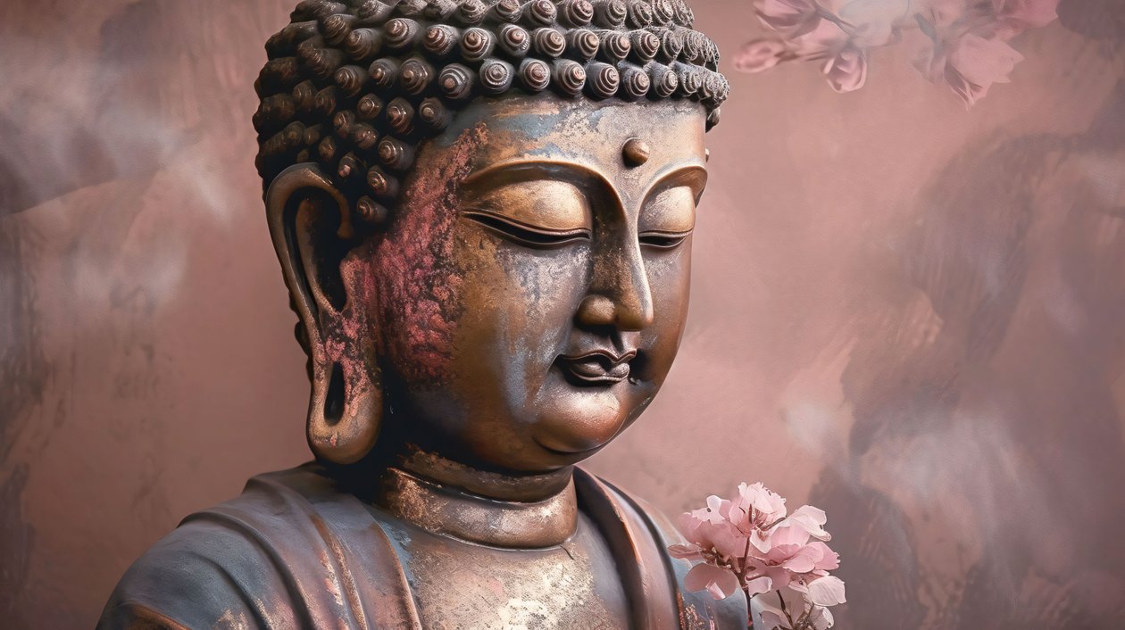 Buddha pacifico su loto arte da parete per il soggiorno, tela orizzontale da F. Abderrahim
