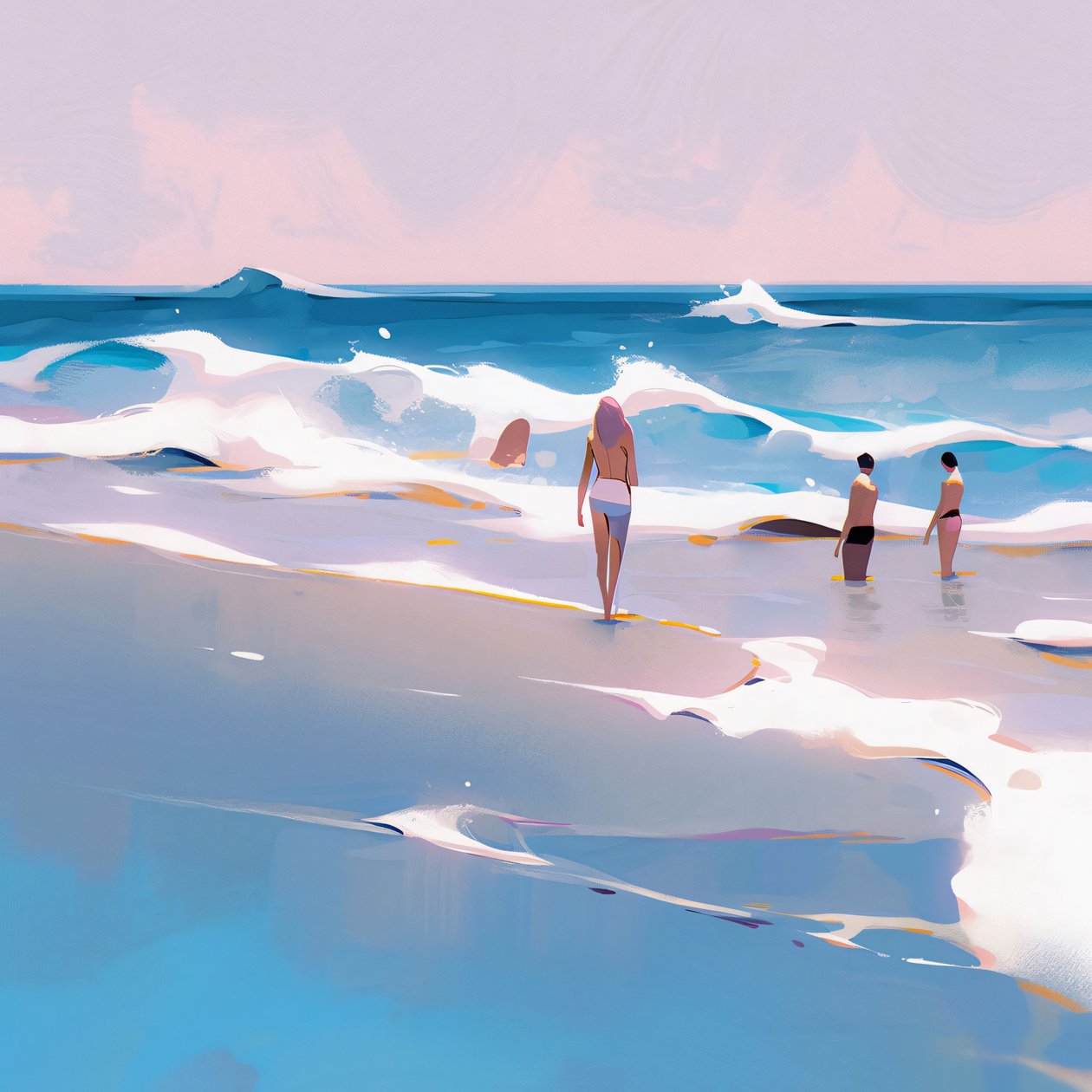 Gente sulla spiaggia Acquerello minimalista con onde, decorazione murale in vendita da F. Abderrahim