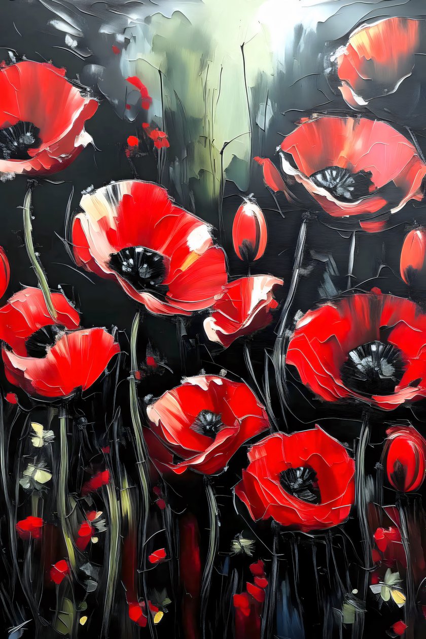 pittura a coltello, papaveri rossi vividi applicati a strati spessi, stampe d