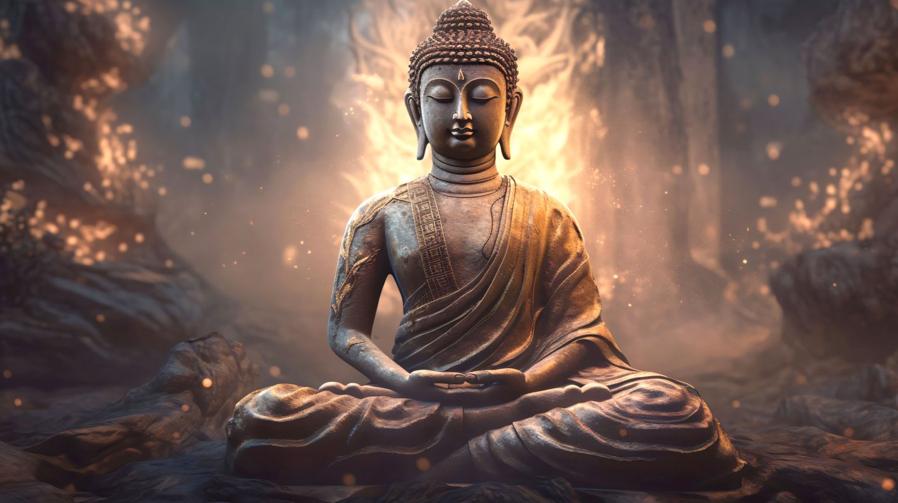 Ritratto realistico di Buddha seduto, meditazione pacifica, decorazione spirituale da parete per la casa da F. Abderrahim