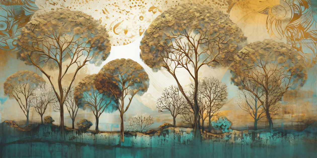 Surrealista astratto in toni tenui, Paesaggio di alberi, stampe d